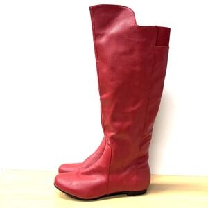 ID Required Jackpot Knee High Red Boots, Size 7M, Faux Pebbled Leather Flat Heel